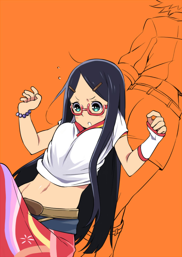 1girl, belt, black_hair, blue_eyes, blush, bracelet, chousoku_henkei_gyrozetter, clothes_pull
