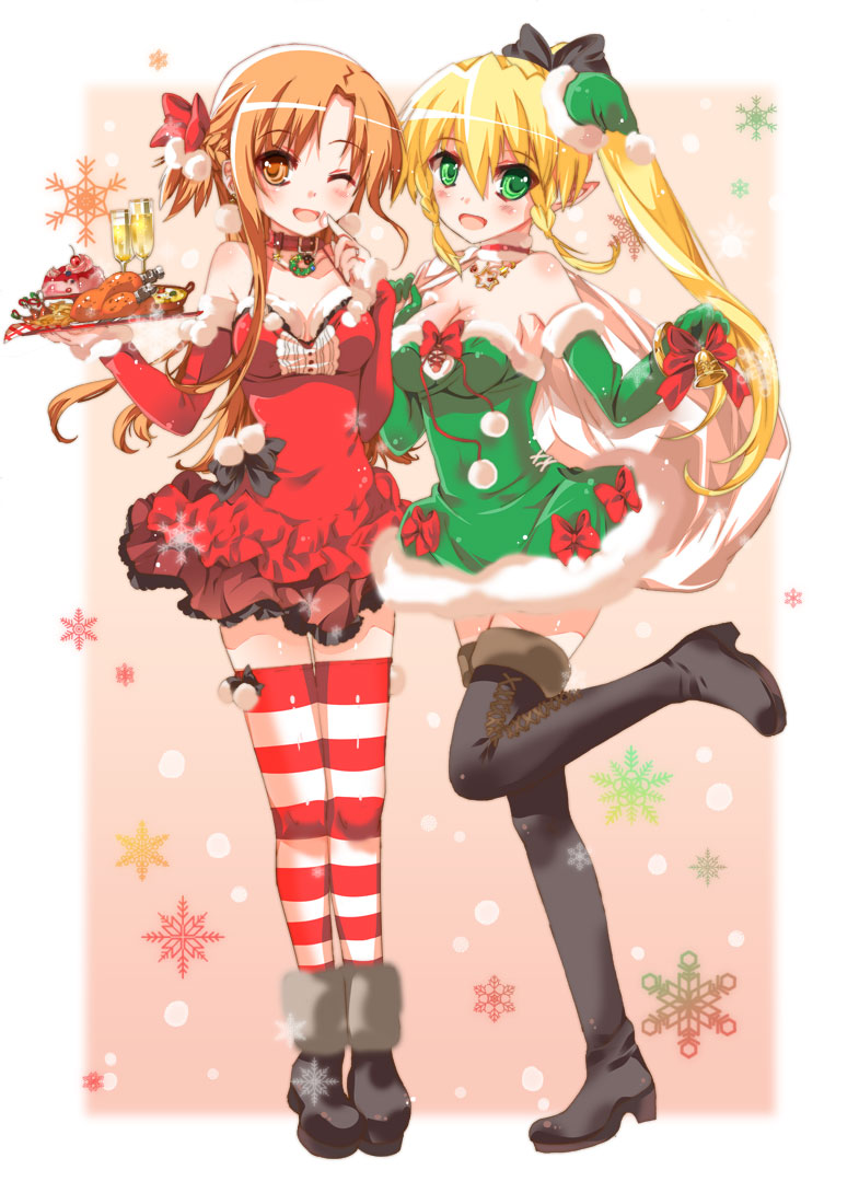 10s, 2girls, asuna_(sao), bad_id, bad_pixiv_id, bag, bell, blonde_hair