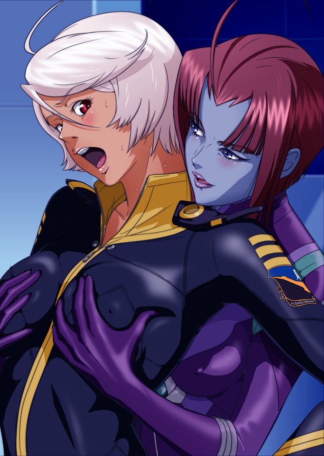 10s, 2girls, ahoge, blue_eyes, blue_skin, blush, bodysuit, brown_hair