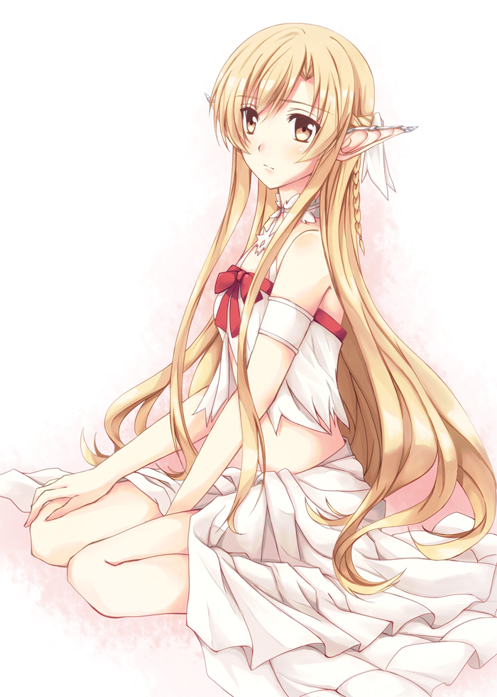 10s, 1girl, asuna_(sao), asuna_(sao-alo), bow, brown_eyes, brown_hair, dress, ear_covers, elf, female_focus, long_hair, midriff, misuzu_(iridescence), pointy_ears, ribbon, sitting, solo, sword_art_online, titania_(sao), wariza
