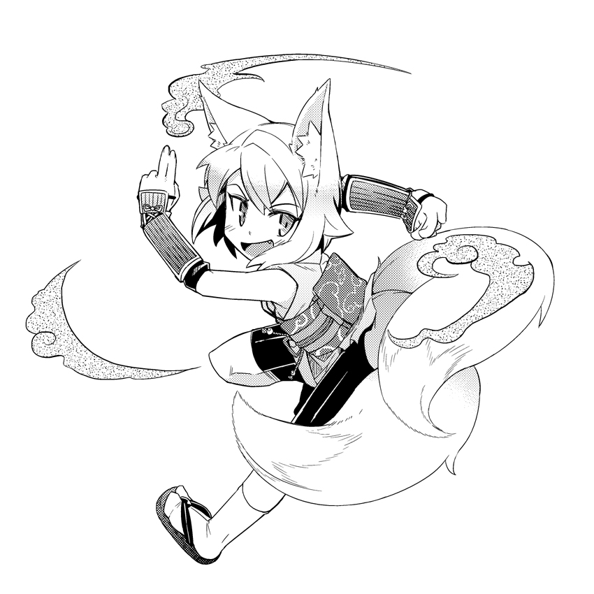 1girl, animal_ears, child, fang, female_focus, fox_ears, greyscale, jingai_modoki