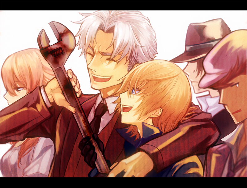 00s, 1girl, 4boys, baccano!, blonde_hair, blue_eyes, fedora, formal_clothes, graham_specter, hat, ladd_russo, letterboxed, lua_klein, multiple_boys, nanamura, neider, neider_jascules, shaft_(baccano), short_hair, smile, suit, sweatdrop, tears, wrench