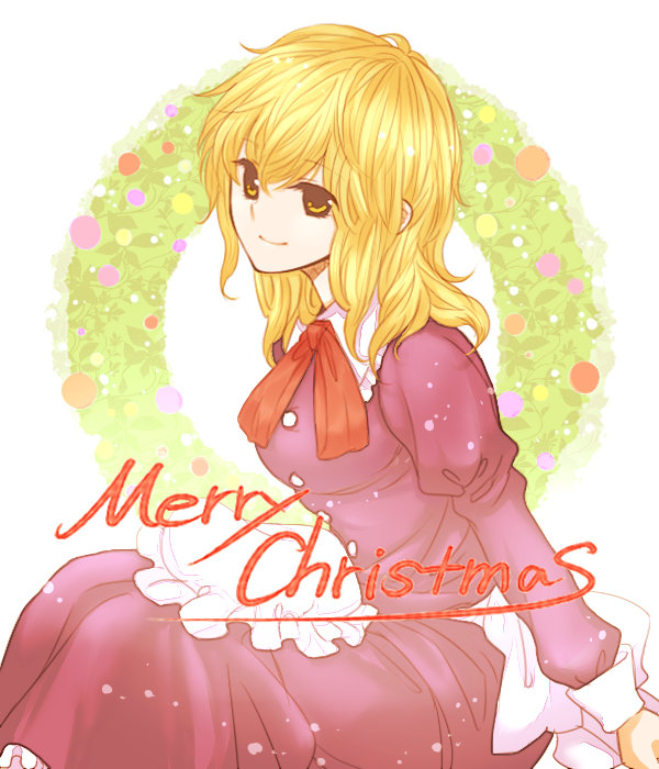 1girl, bad_id, bad_pixiv_id, blonde_hair, buttons, christmas, dress, female_focus