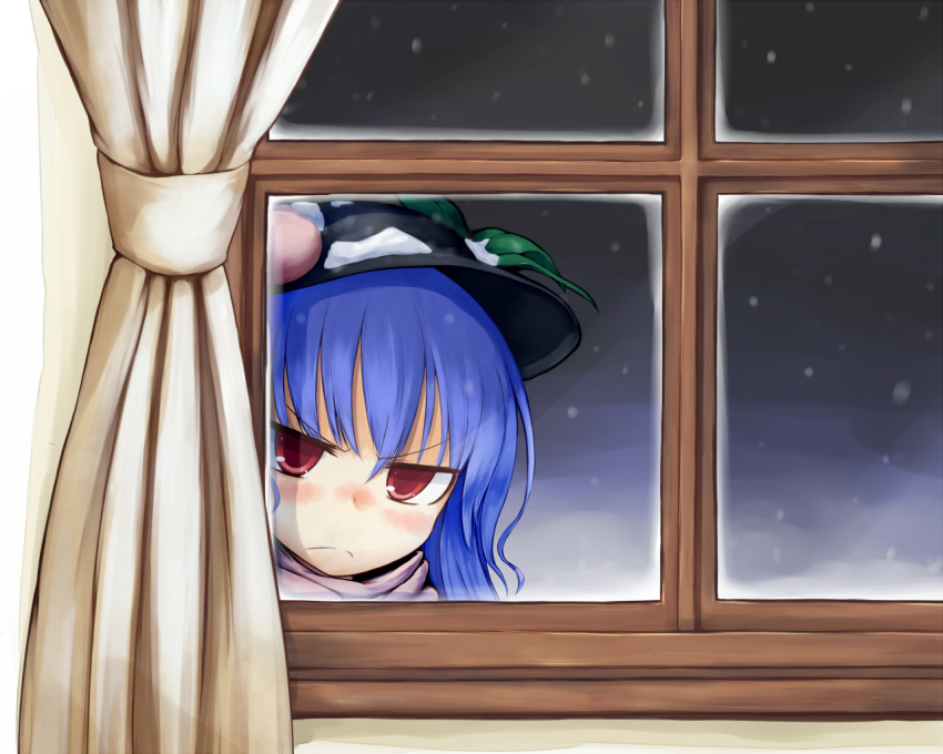 >:(, 1girl, blue_hair, blush, curtains, female_focus, food, frown, fruit, hat, hinanawi_tenshi, indoors, leaf, long_hair, nice_(artist), peach, red_eyes, snow, solo, touhou, v-shaped_eyebrows, window