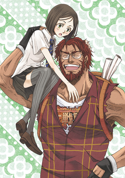 1boy, 1girl, backpack, bag, beard, black_hair, bob_cut, facial_hair, fate/zero, fate_(series), gender_request, genderswap, glasses, green_eyes, iskandar_(fate), necktie, pin_karo, red_hair, sensha_otoko, short_hair, size_difference, socks, striped_clothes, striped_thighhighs, thighhighs, vertical-striped_clothes, vertical-striped_thighhighs, waver_velvet, waver_velvet_(sensha_otoko)