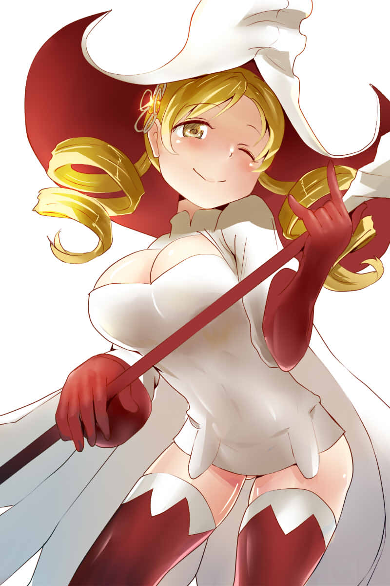 10s, 1girl, ace_rocket, alternate_costume, blonde_hair, blush, bravely_default:_flying_fairy, bravely_default_(series), breasts, cape, cleavage, cosplay, dress, drill_hair, female_focus, gloves, hair_ornament, hat, highres, jpeg_artifacts, large_breasts, long_hair, mahou_shoujo_madoka_magica, mahou_shoujo_madoka_magica_(anime), one_eye_closed, smile, solo, thighhighs, tomoe_mami, twin_drills, twintails, wand, white_mage_(final_fantasy), white_mage_(final_fantasy)_(cosplay), wink, witch, witch_hat, yellow_eyes
