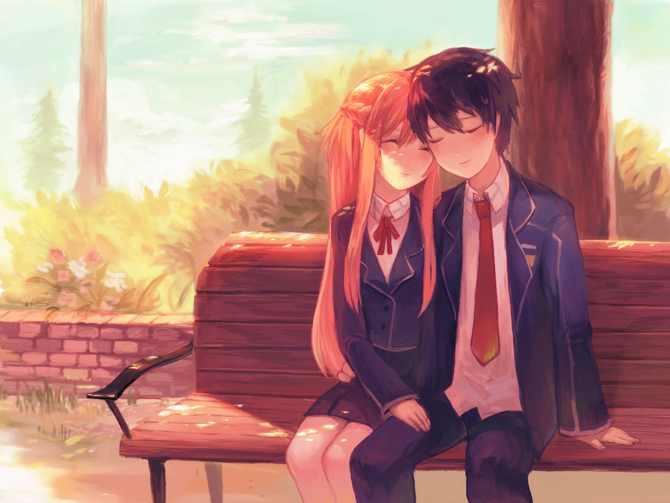 10s, 1boy, 1girl, asuna_(sao), bench, black_hair, blazer, blush, brown_hair, couple, closed_eyes, flower, hetero, im_(inuboe), kirito, long_hair, long_sleeves, necktie, ribbon, school_uniform, short_hair, sitting, skirt, sword_art_online, tree