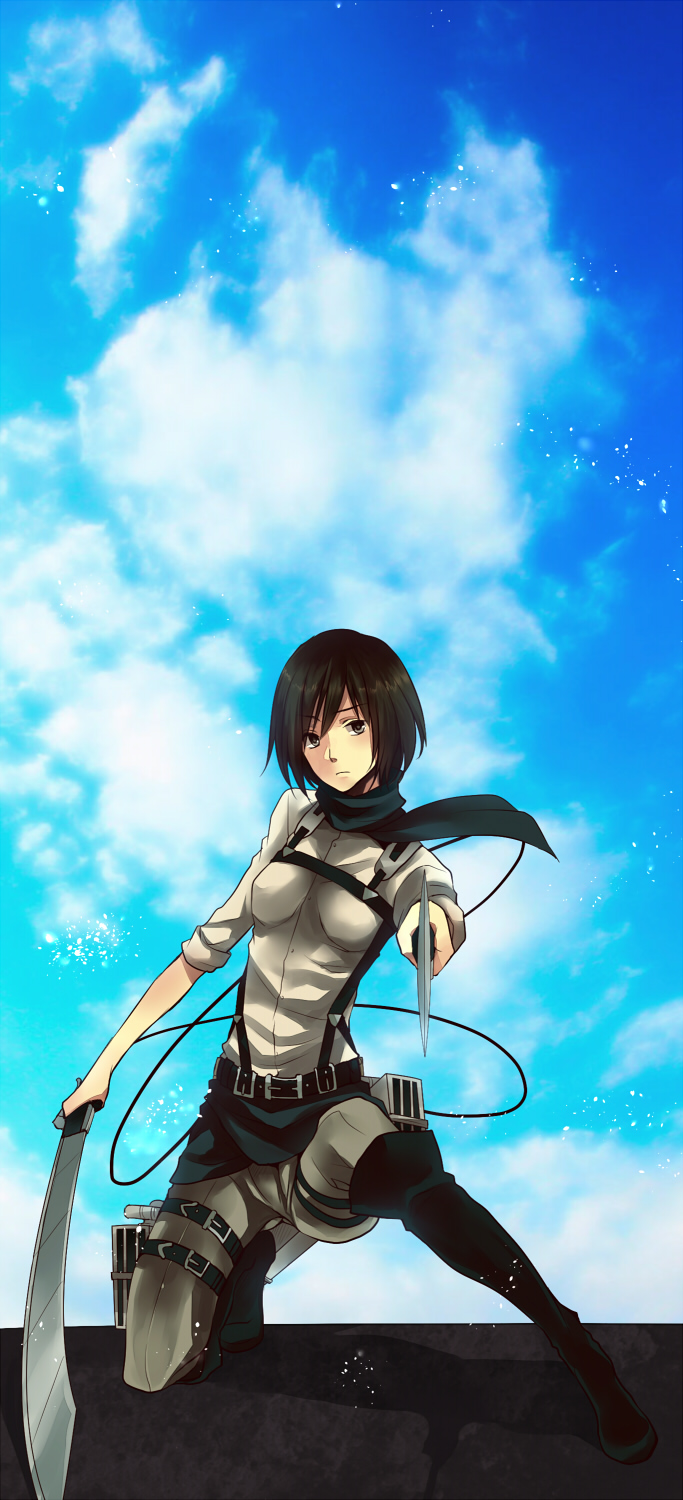 1girl, boots, cloud, female_focus, highres, mikasa_ackerman, pointing, shingeki_no_kyojin, sky, solo, sword, tarou_(you-0512), three-dimensional_maneuver_gear, weapon