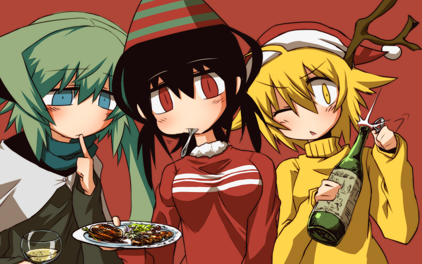 3girls, black_hair, blonde_hair, blue_eyes, blush, bottle, cape, christmas