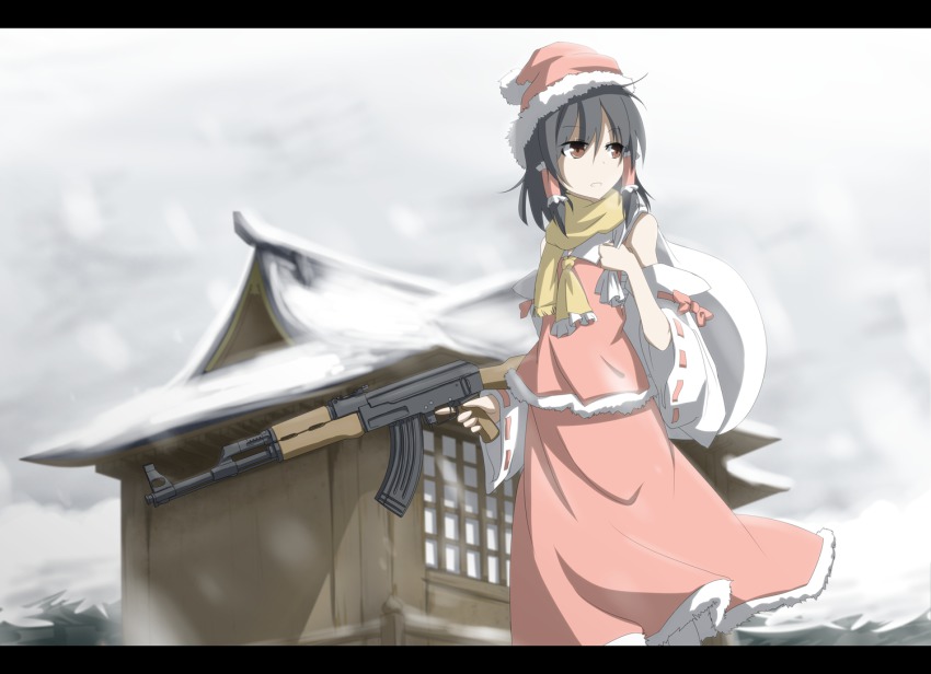1girl, ak-47, assault_rifle, black_hair, brown_eyes, female_focus, gun, hair_tubes
