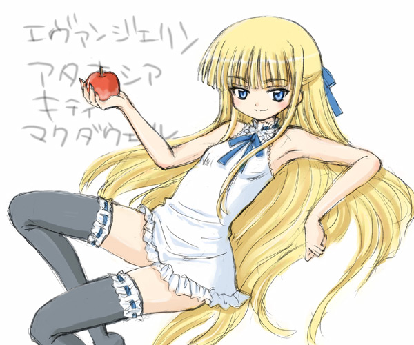 00s, 1girl, aoyama_reo, apple, armpits, blonde_hair, blue_eyes, blush