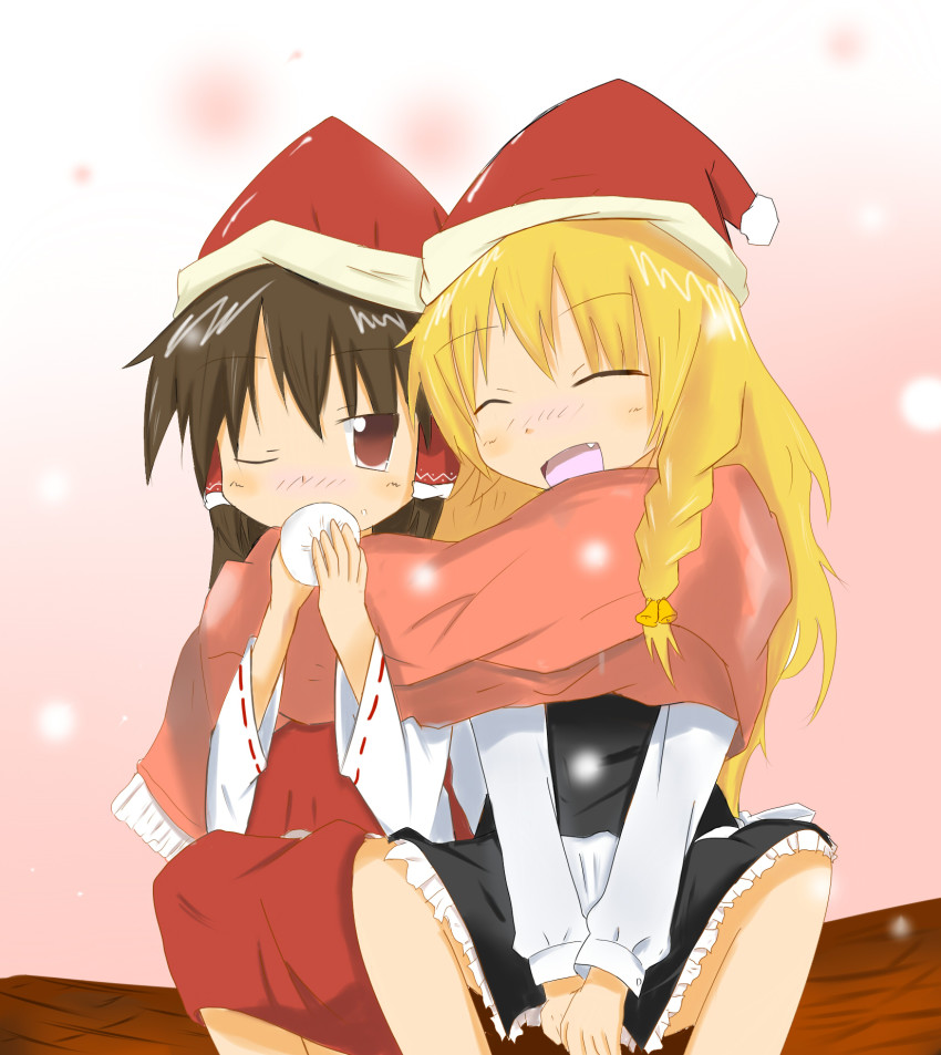 2girls, ^_^, ^o^, bell, black_dress, blonde_hair, blush, braid, brown_hair, closed_eyes, dress, dumpling, eating, fang, female_focus, food, front_braid, hair_over_shoulder, hair_tubes, hakurei_reimu, hat, highres, izumi_subaru, kirisame_marisa, multiple_girls, nontraditional_miko, pink_background, red_skirt, ribbon-trimmed_sleeves, ribbon_trim, santa_hat, scarf, shared_clothes, shared_scarf, side_braid, sitting, skirt, smile, snowing, touhou, v_arms
