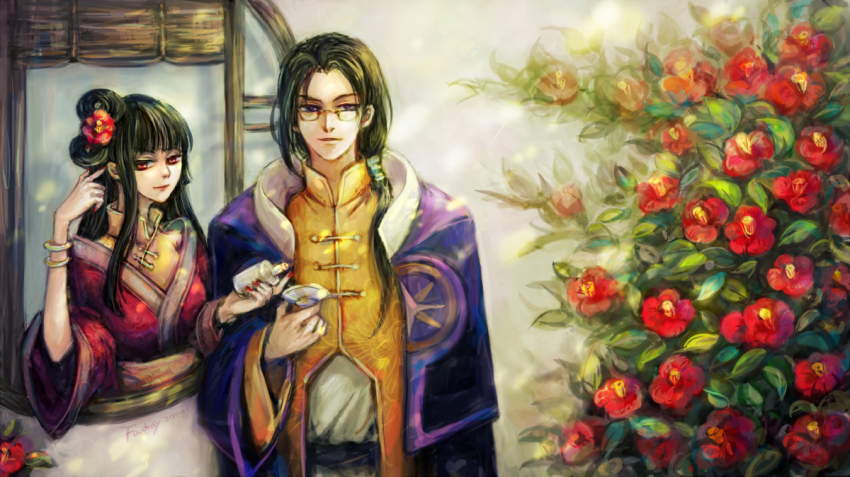 1990s_(style), 1boy, 1girl, alcohol, black_hair, bottle, bracelet, bush