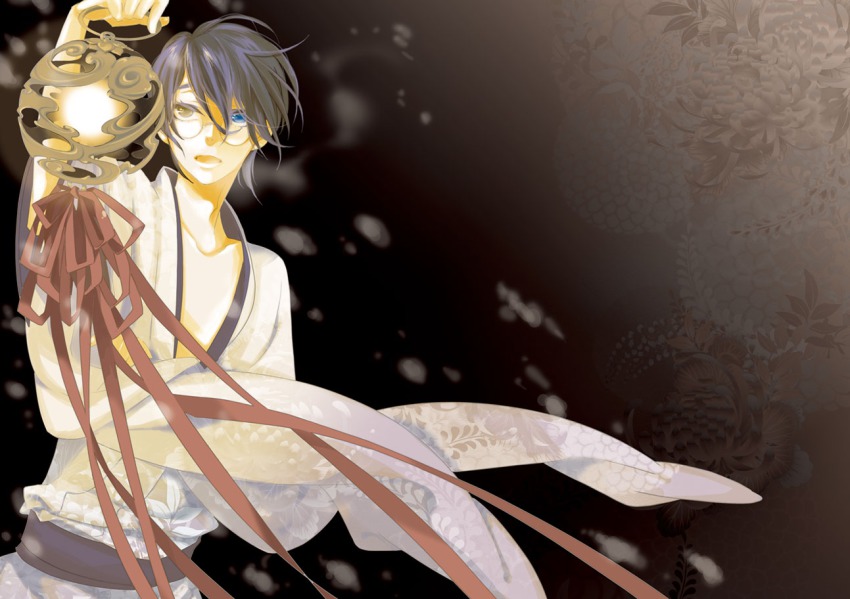 1boy, black_background, colored_eyelashes, eyelashes, heterochromia, japanese_clothes, kimono, lantern, male_focus, misa_kuroi, open_mouth, ribbon, solo, watanuki_kimihiro, xxxholic, yukata