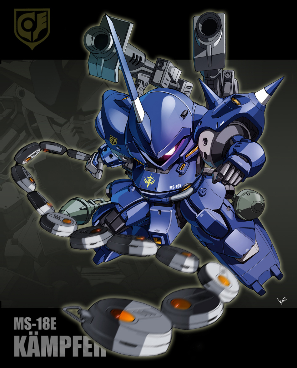 1980s_(style), blurry, chain_mine, character_name, chibi, depth_of_field, emblem, gundam