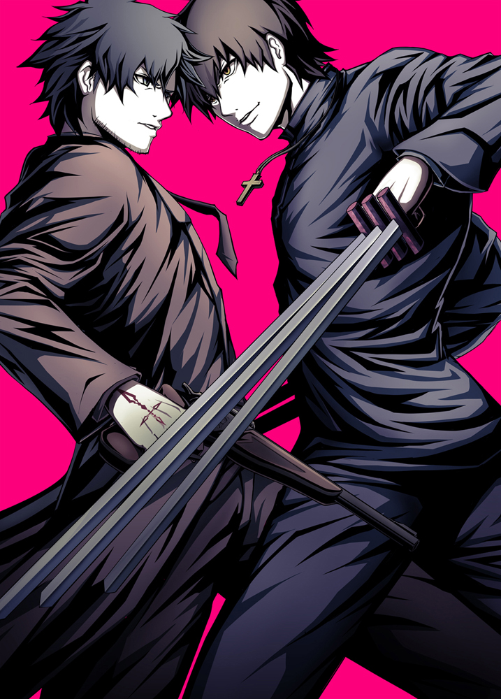 2boys, black_eyes, black_hair, black_keys_(type-moon), brown_eyes, brown_hair, command_spell, cross