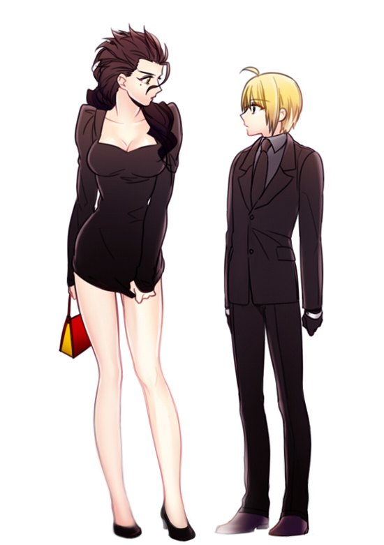 1boy, 1girl, ahoge, artoria_pendragon_(fate), bad_id, bad_pixiv_id, black_hair, blonde_hair