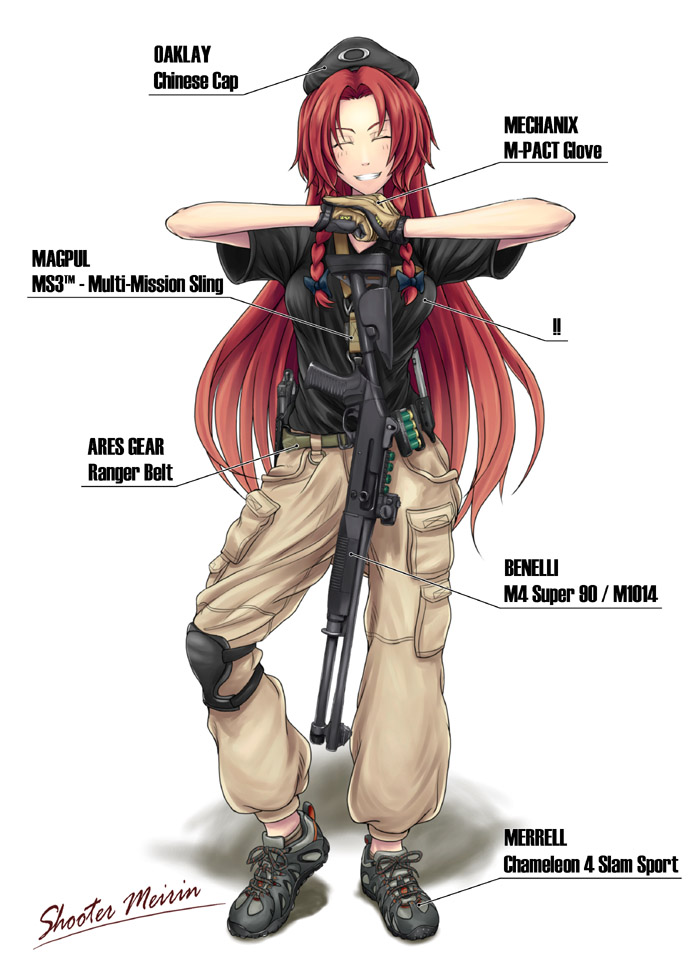 !, !!, 12-gauge, 1girl, ammunition, artistic_error, benelli_armi_spa, benelli_m4_super_90, between_breasts, breasts, english_text, female_focus, gloves, gun, gun_sling, handgun, holster, hong_meiling, knee_pads, long_hair, m1014, medium_breasts, military_operator, palm-fist_greeting, pump-action_shotgun, pump_action, red_hair, semi-automatic_shotgun, shotgun, shotgun_shell, smile, solo, strap_between_breasts, sunaipu_(age-zero), touhou, weapon