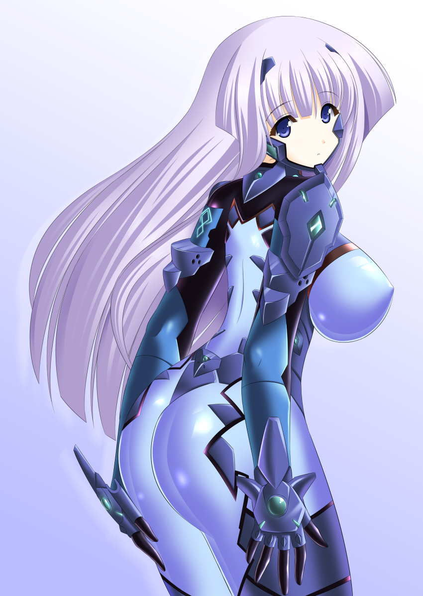 1girl, absurdres, ass, blue_eyes, bodysuit, breasts, covered_erect_nipples, female_focus, fortified_suit, highres, impossible_clothes, inia_sestina, large_breasts, light_purple_hair, long_hair, looking_back, mecha_pilot_suit, muv-luv, muv-luv_alternative, muv-luv_total_eclipse, pilot_suit, solo, yakkey
