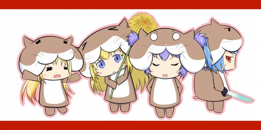 >:d, >_<, 10s, 4girls, :d, =_=, alternate_costume, altines, altlene, altrene, animal_costume, arms_behind_back, arnval, blonde_hair, blue_eyes, blue_hair, blush, busou_shinki, chibi, closed_eyes, dandelion, flower, full_body, gradient_hair, hamster_costume, happy, head_tilt, holding, holding_weapon, letterboxed, light_smile, long_hair, multicolored_hair, multiple_girls, o_o, open_mouth, outline, outstretched_arms, profile, purple_hair, red_eyes, shinryoku, shinryoku_(shinryokuki), short_hair, short_twintails, simple_background, smile, spread_arms, standing, strarf, sword, tail, twintails, v-shaped_eyebrows, very_long_hair, weapon, white_background