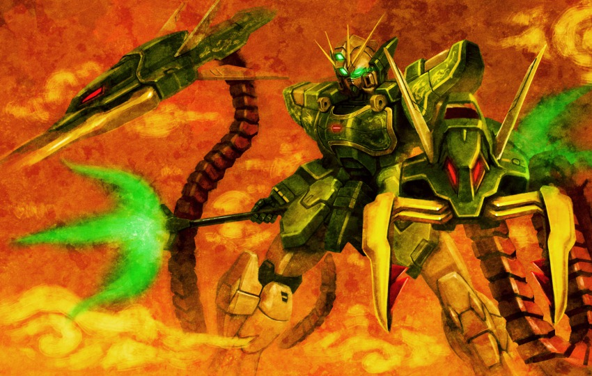 1990s_(style), altron_gundam, altron_gundam_custom, banchengping@126, energy_lance, glowing, glowing_eyes, gundam, gundam_wing, gundam_wing:_endless_waltz, highres, lance, mecha, nataku_gundam, no_humans, polearm, retro_artstyle, robot, solo, trident, weapon