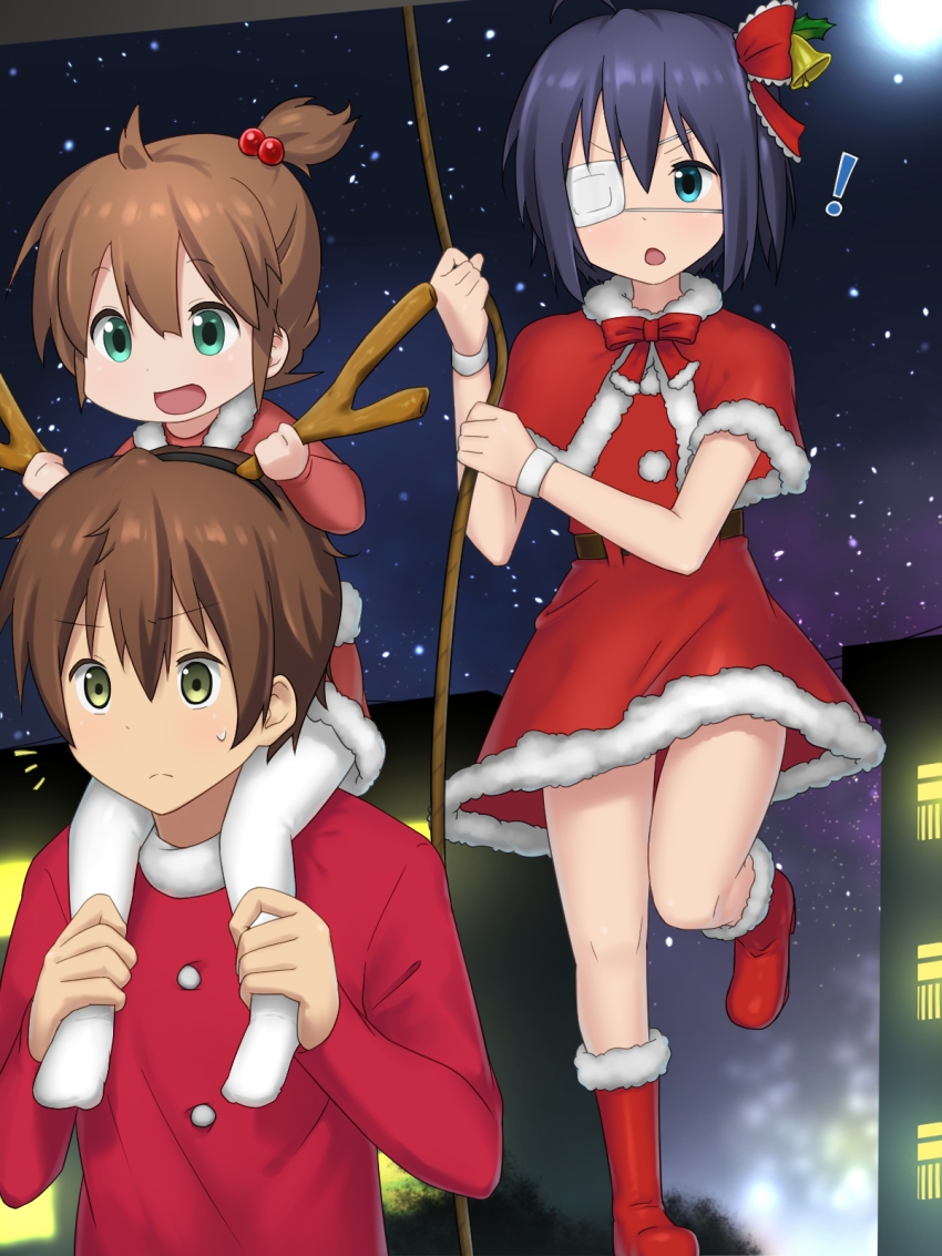 !, >:o, 10s, 1boy, 2girls, :d, :o, antler_grab, antlers, bell, black_hair, blue_eyes, brother_and_sister, brown_hair, carrying, child, chuunibyou_demo_koi_ga_shitai!, eyepatch, green_eyes, hair_bobbles, hair_ornament, hair_ribbon, highres, horns, mikakeha, multiple_girls, open_mouth, reindeer_antlers, ribbon, rope, santa_costume, short_hair, shoulder_carry, siblings, side_ponytail, smile, takanashi_rikka, togashi_yumeha, togashi_yuuta, v-shaped_eyebrows