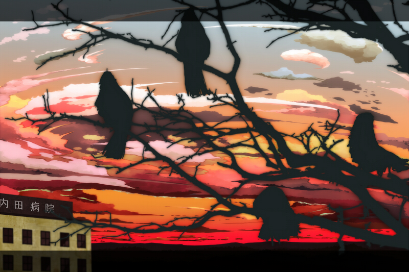 bad_id, bad_pixiv_id, bird, building, cloud, crow, female_focus, no_humans