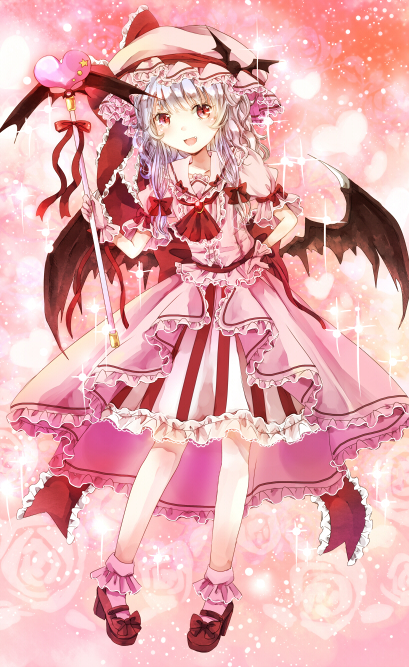 1girl, adapted_costume, alternate_hair_length, alternate_hairstyle, ankle_cuffs, ascot, bad_id, bad_pixiv_id, bat_(animal), bat_wings, baton, bow, brooch, dress, fang, female_focus, flower, frills, hand_on_own_hip, hat, hat_ribbon, heart, jaku_sono, jewelry, long_hair, magical_girl, open_mouth, pink_eyes, pink_flower, pink_rose, remilia_scarlet, ribbon, rose, sash, shirt, short_sleeves, showgirl_skirt, silver_hair, skirt, skirt_set, slit_pupils, smile, solo, sparkle, striped_clothes, striped_dress, touhou, wings, wrist_cuffs