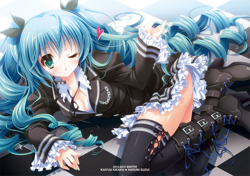 10s, 1girl, 2012, 2013, aqua_hair, artist_name, black_thighhighs, boots, breasts, checkered_floor, cleavage, female_focus, floor, frills, green_eyes, hatsune_miku, hatsune_miku_(dark_angel), high_heel_boots, high_heels, himitsu_keisatsu_(vocaloid), knee_boots, lace-up_boots, long_hair, one_eye_closed, open_m/, shoes, skirt, solo, suzui_narumi, thighhighs, twintails, very_long_hair, vocaloid, wink, zettai_ryouiki