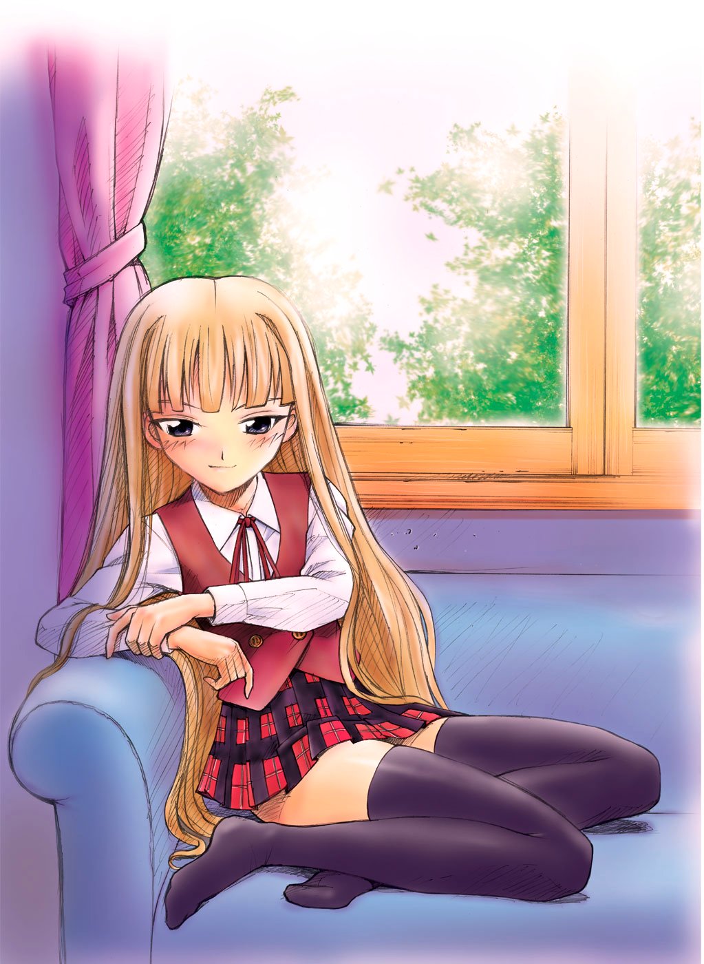 00s, 1girl, annkoku_daimaou, arm_grab, black_thighhighs, blonde_hair, blue_eyes, blue_upholstery, blunt_bangs, blush, buttons, collared_shirt, couch, curtains, day, dress_shirt, evangeline_a.k._mcdowell, female_focus, flat_chest, highres, human_highlight_film, indoors, long_hair, looking_at_viewer, mahou_sensei_negima!, miniskirt, necktie, plaid_clothes, plaid_skirt, pleated_skirt, ribbon, school_uniform, serafuku, shirt, sitting, sketch, skirt, sky, solo, thighhighs, tree, vampire, very_long_hair, vest, window, zettai_ryouiki