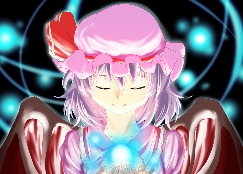 1girl, bat_wings, black_background, blouse, closed_eyes, female_focus, hat, hat_ribbon, light_particles, light_smile, light_trace, light_trail, open_hands, remilia_scarlet, ribbon, shirt, solo, teke28, touhou, upper_body, wings