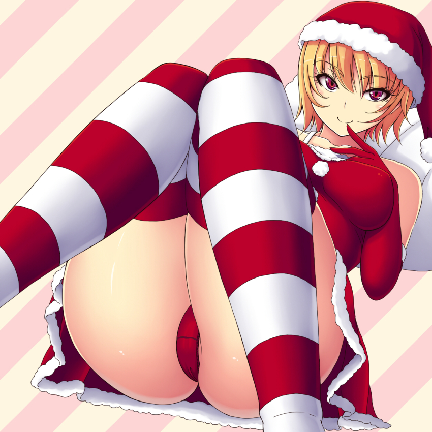 1girl, ass, bad_id, bad_pixiv_id, bare_shoulders, blonde_hair, breasts, christmas