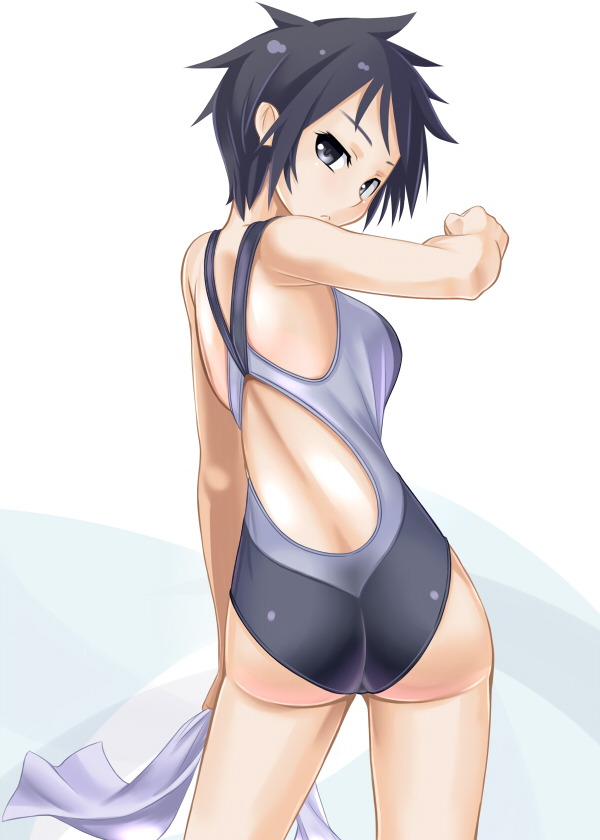 1girl, ass, black_eyes, black_hair, competition_swimsuit, female_focus, from_behind, looking_back