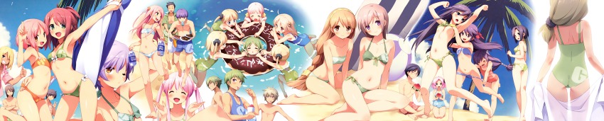6+boys, 6+girls, :d, :p, absurdres, ahoge, akino_momiji, armpits, arms_up, ass, assisted_exposure, bare_legs, bare_shoulders, barefoot, beach, bikini, bikini_pull, bikini_top_lift, blonde_hair, blue_bikini, blue_eyes, bow, braid, breasts, brown_eyes, brown_hair, cafe_sourire, casual_one-piece_swimsuit, child, cleavage, clothes_lift, clothes_pull, company_connection, covered_navel, cuffs_(company), fang, feet, flat_chest, food, fruit, garden_(game), gayarou, glasses, grabbing_another's_breast, green_bikini, green_eyes, green_one-piece_swimsuit, grin, groping, hair_bow, halterneck, happy, highres, hiiragi_ayaka, himemiya_ruri, horns, hoshino_erika, huge_filesize, incredibly_absurdres, innertube, kasuga_nadeshiko, kasuga_sakurako, kiriyama_sakura, kugayama_souta, kusakabe_toshiya, lifting_another's_clothes, long_hair, long_image, looking_back, mizushima_kasumi, mizushima_serika, mouth_hold, multiple_boys, multiple_girls, navel, nishimura_masato, nishimura_shin'ichi, ogiwara_kyouko, one-piece_swimsuit, one_eye_closed, open_mouth, otokawa_sayo, outstretched_hand, palm_tree, partially_submerged, pink_hair, popsicle, pulling_another's_clothes, purple_hair, red_hair, rindou_mana, sakagami_jin, sakura_musubi, scan, sera_karen, shaved_ice, shimazu_jun'ichi, short_hair, siblings, sisters, sitting, smile, surfboard, suzumura_azami, swim_ring, swimsuit, thumbs_up, toes, tongue, tongue_out, tree, underboob, v, wardrobe_malfunction, watermelon, wide_image, wink, yokozuwari, yukishita_miyuri