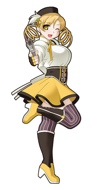 10s, 1girl, blonde_hair, boots, breasts, drill_hair, female_focus, full_body, gun, hair_ornament, hairpin, handgun, hat, large_breasts, mahou_shoujo_madoka_magica, mahou_shoujo_madoka_magica_(anime), one_eye_closed, ooba_kou, open_mouth, pinstripe_pattern, pistol, simple_background, skirt, smile, socks, solo, standing, standing_on_one_leg, striped_clothes, striped_socks, striped_thighhighs, thighhighs, tomoe_mami, tomoe_mami_(magical_girl), vertical_stripes, weapon, white_background, wink, yellow_eyes, zettai_ryouiki