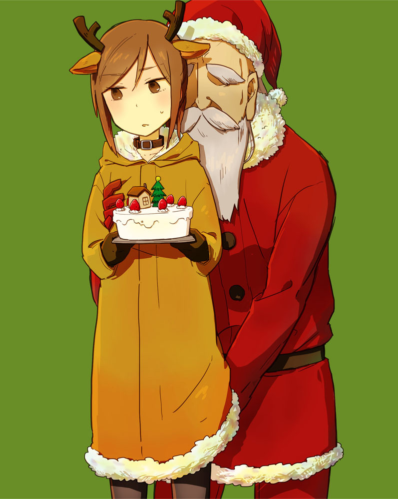 1boy, 1girl, animal_costume, animal_ears, antlers, bad_id, bad_pixiv_id, beard, black_pantyhose, brown_eyes, brown_hair, cake, child, christmas, coat, collar, deer_ears, etrian_odyssey, faceless, faceless_male, facial_hair, food, gloves, grabbing_another's_breast, green_background, groping, hat, hetero, hood, hoodie, horns, hoshigaki_(kyuukp), looking_away, monk_(sekaiju), monk_3_(sekaiju), mustache, old, old_man, pantyhose, reindeer_antlers, reindeer_costume, santa_costume, santa_hat, sekaiju_no_meikyuu, sekaiju_no_meikyuu_3, sexual_harassment, shogun_(sekaiju), shogun_1_(sekaiju), short_hair, sweatdrop