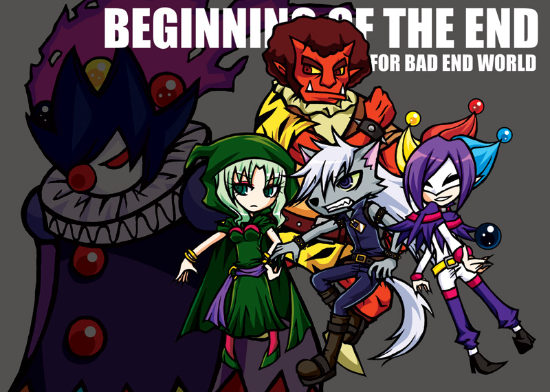 10s, 1girl, 4boys, afro, akaooni, bad_id, bad_pixiv_id, blonde_hair, blue_eyes, blue_hair, boots, bracelet, brown_eyes, card, chibi, clown, colored_sclera, colored_skin, dress, ebony-thunder, fang, furry, furry_male, green_eyes, green_hair, grey_background, high_heels, jewelry, joker_(precure), lots_of_jewelry, majorina, mask, multicolored_hair, multiple_boys, pants, pierrot_(precure), playing_card, precure, purple_hair, red_hair, red_skin, shoes, smile_precure!, werewolf, white_hair, wolfrun, yellow_sclera