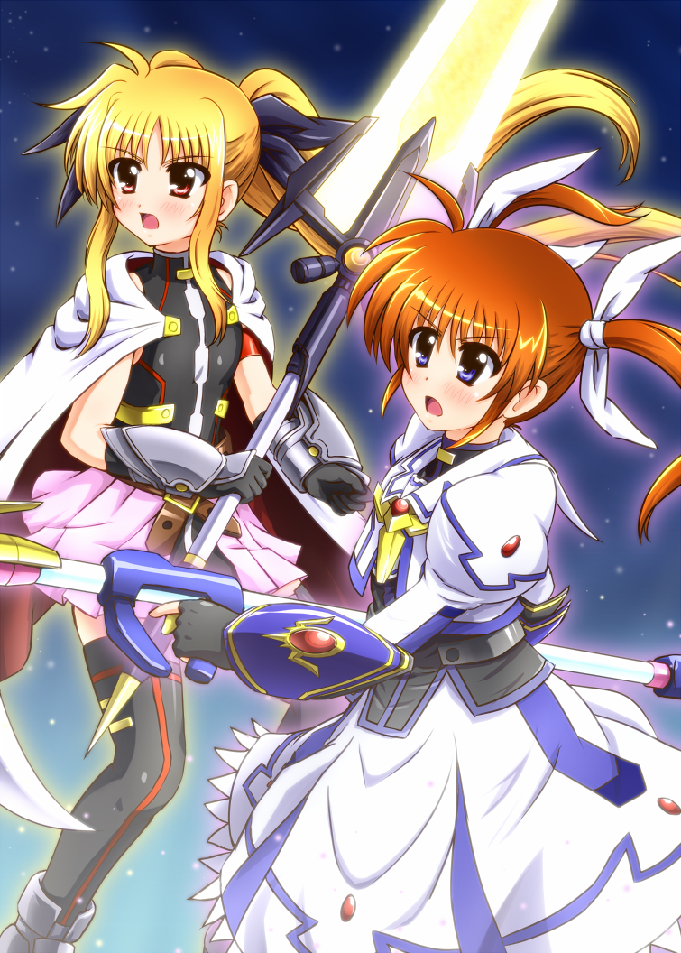 2girls, bardiche_(nanoha), bardiche_(zanber_form)_(nanoha), blonde_hair, blush, boots, bow, cape
