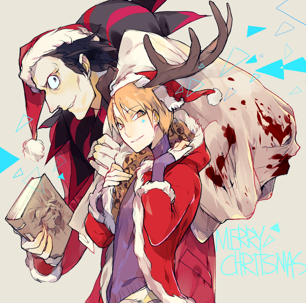 2boys, antlers, bad_id, bad_pixiv_id, black_eyes, black_hair, blonde_hair, blood