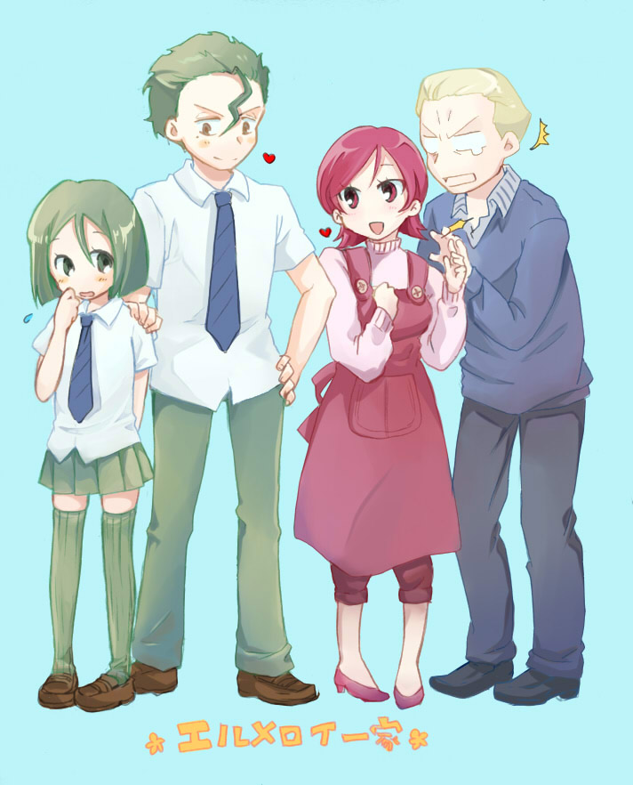 2boys, 2girls, ahoge, anno_mana, bad_id, bad_pixiv_id, blonde_hair, blue_eyes