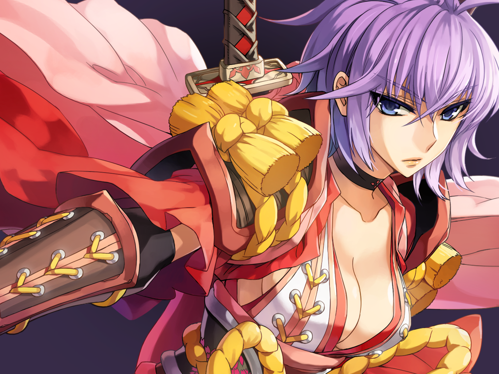 1girl, armor, blue_eyes, female_focus, ninja, ninja_(ragnarok_online), oboro_(ragnarok_online), official_art, official_wallpaper, purple_hair, ragnarok_online, samurai, short_hair, solo, weapon