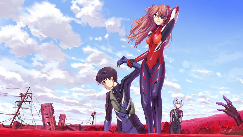 10s, 1boy, 2girls, arm_behind_head, ayanami_rei, black_bodysuit, blood, blue_eyes