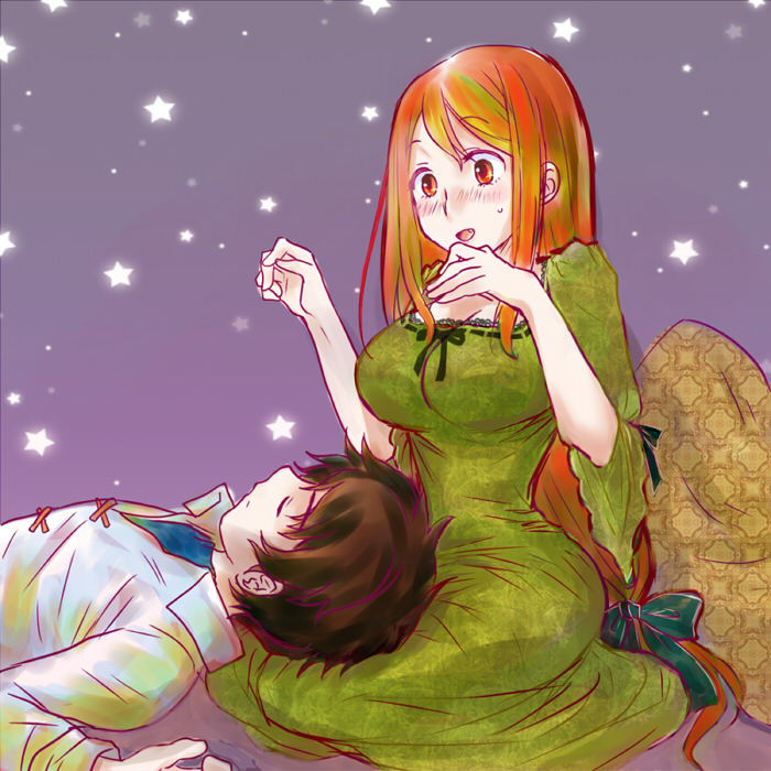 10s, 1boy, 1girl, black_hair, blush, bow, breasts, cleavage, dress, green_dress, hair_bow, huge_breasts, lap_pillow, long_hair, low-tied_long_hair, maou_(maoyuu), maoyuu_maou_yuusha, red_eyes, red_hair, seiza, sitting, sleeping, tofu_(joka), very_long_hair, yuusha_(maoyuu)