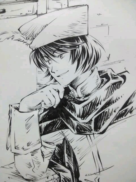 10s, 1boy, cape, head_rest, hat, hat_feather, male_focus, maoyuu_maou_yuusha, monochrome, renikoma, seinen_shounin_(maoyuu), short_hair, smile, solo