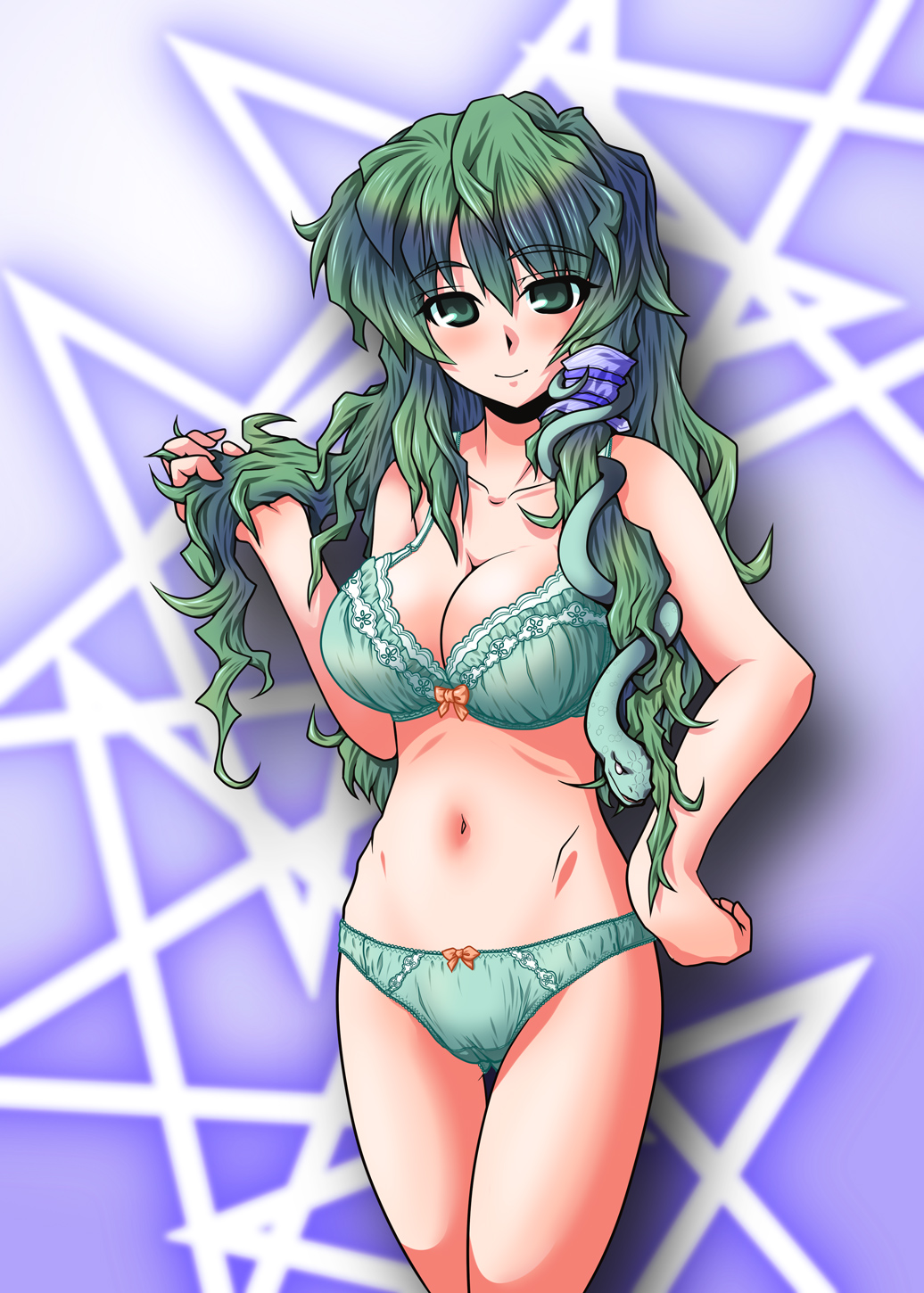 1girl, adjusting_hair, bra, breasts, cleavage, female_focus, fue_(fuef), green_eyes, green_hair, hair_ornament, hair_tubes, hand_on_own_hip, highres, holding, holding_own_hair, kochiya_sanae, large_breasts, lingerie, long_hair, matching_hair/eyes, messy_hair, navel, panties, smile, snake_hair_ornament, solo, star_(symbol), thigh_gap, touhou, underwear, underwear_only