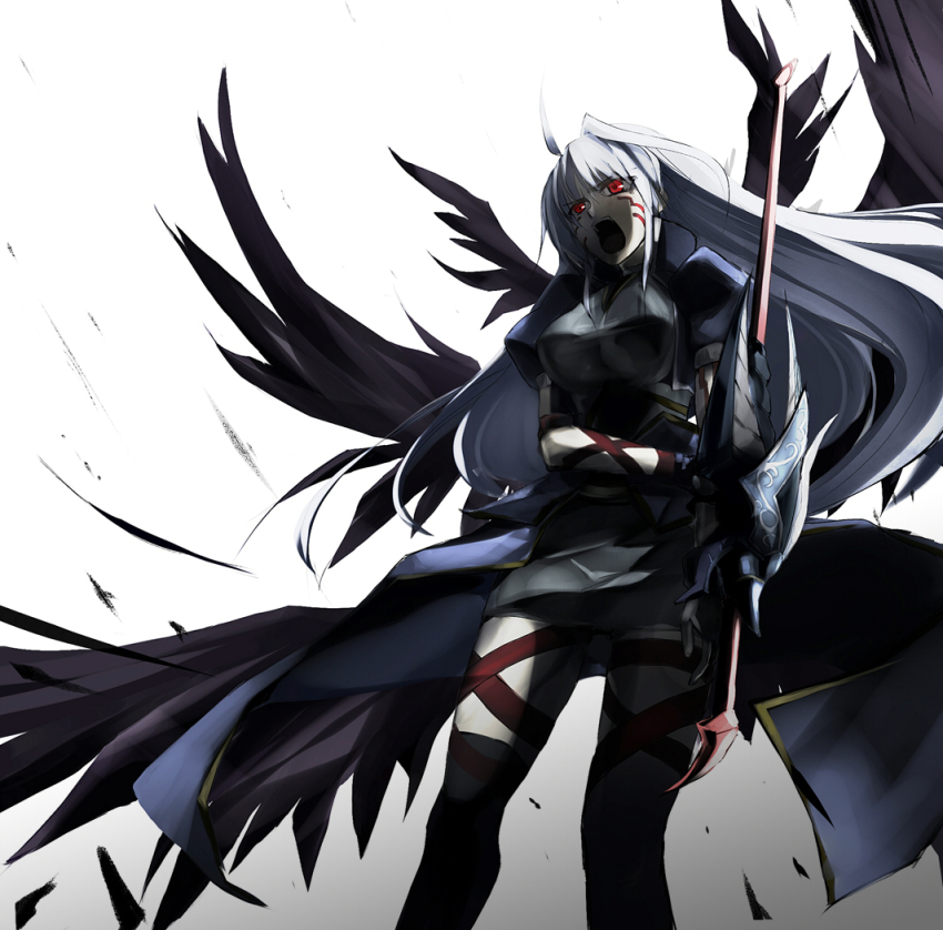 1girl, armor, asymmetrical_legwear, black_wings, breasts, facial_mark, female_focus, long_hair, lyrical_nanoha, mahou_shoujo_lyrical_nanoha, mahou_shoujo_lyrical_nanoha_a's, mahou_shoujo_lyrical_nanoha_the_movie_2nd_a's, md5_mismatch, multiple_wings, red_eyes, reinforce, ribbon, shouting, silver_hair, single_thighhigh, solo, thighhighs, uneven_legwear, wagashi_(okashina), wings