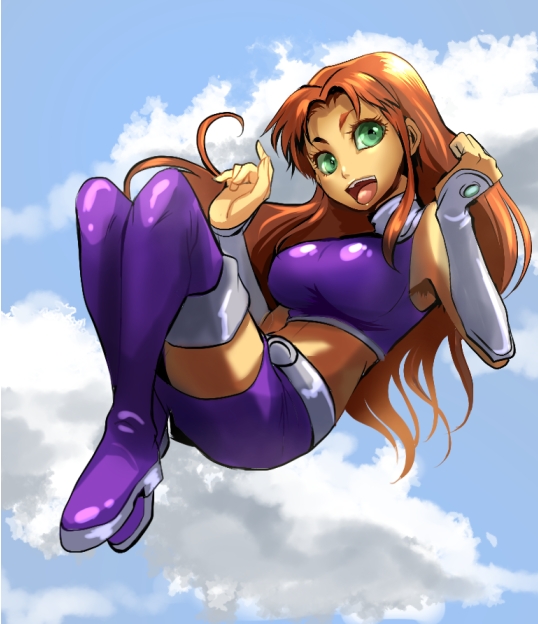1girl, alien, bad_id, bad_pixiv_id, boots, cartoon_network, colored_skin, dc_comics, female_focus, flying, gorget, green_eyes, long_hair, midriff, miniskirt, natsuki_nori, nyu, open_mouth, orange_skin, purple_boots, purple_shirt, purple_skirt, red_hair, shirt, skirt, smile, solo, starfire, teen_titans, thigh_boots, thighhighs