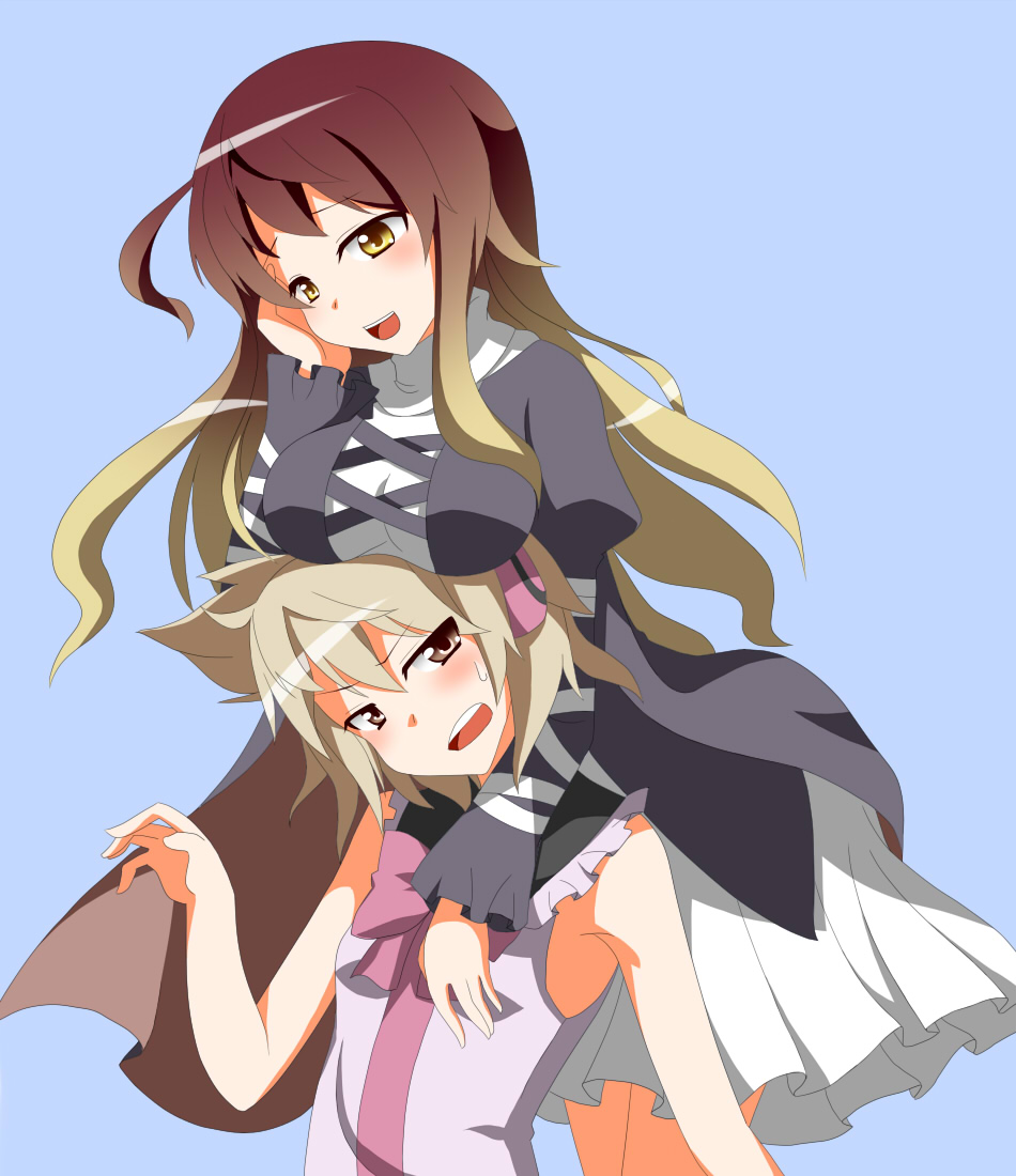 2girls, annoyed, bare_shoulders, blush, bow, breast_rest, breasts, breasts_on_head, bullying, cross-laced_clothes, dress, female_focus, flat_chest, gradient_hair, hijiri_byakuren, large_breasts, long_hair, multicolored_hair, multiple_girls, rivalry, simple_background, size_difference, teasing, toho-77, touhou, toyosatomimi_no_miko, yuri