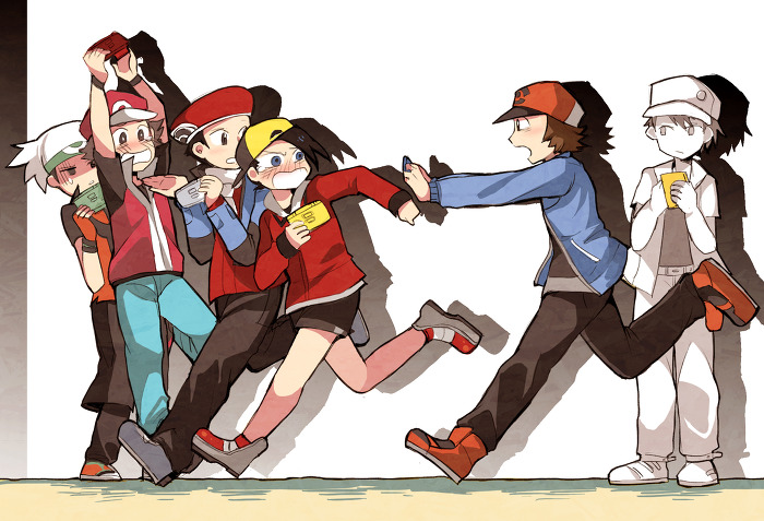 00s, 10s, 1990s_(style), 6+boys, blush, brendan_(pokemon), ethan_(pokemon), full_body, game_boy, game_boy_(original), handheld_game_console, hat, hilbert_(pokemon), kokotaru, lucas_(pokemon), male_focus, multiple_boys, nintendo, nintendo_ds, pokemon, pokemon_black_and_white, pokemon_diamond/pearl/platinum, pokemon_firered_and_leafgreen, pokemon_heartgold_and_soulsilver, pokemon_red/green/blue/yellow, pokemon_ruby/sapphire/emerald, red_(pokemon), red_(pokemon_frlg), retro_artstyle, running, scared, tears, white_background
