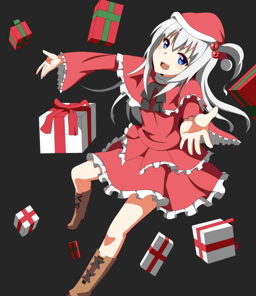 1girl, boots, bow, box, capelet, christmas, female_focus, frills, gift, gift_box, hair_bobbles, hair_ornament, highres, legs, long_hair, mystic_square, santa_costume, shinki_(touhou), side_ponytail, silver_hair, simple_background, skirt, solo, toho-77, touhou, touhou_(pc-98)